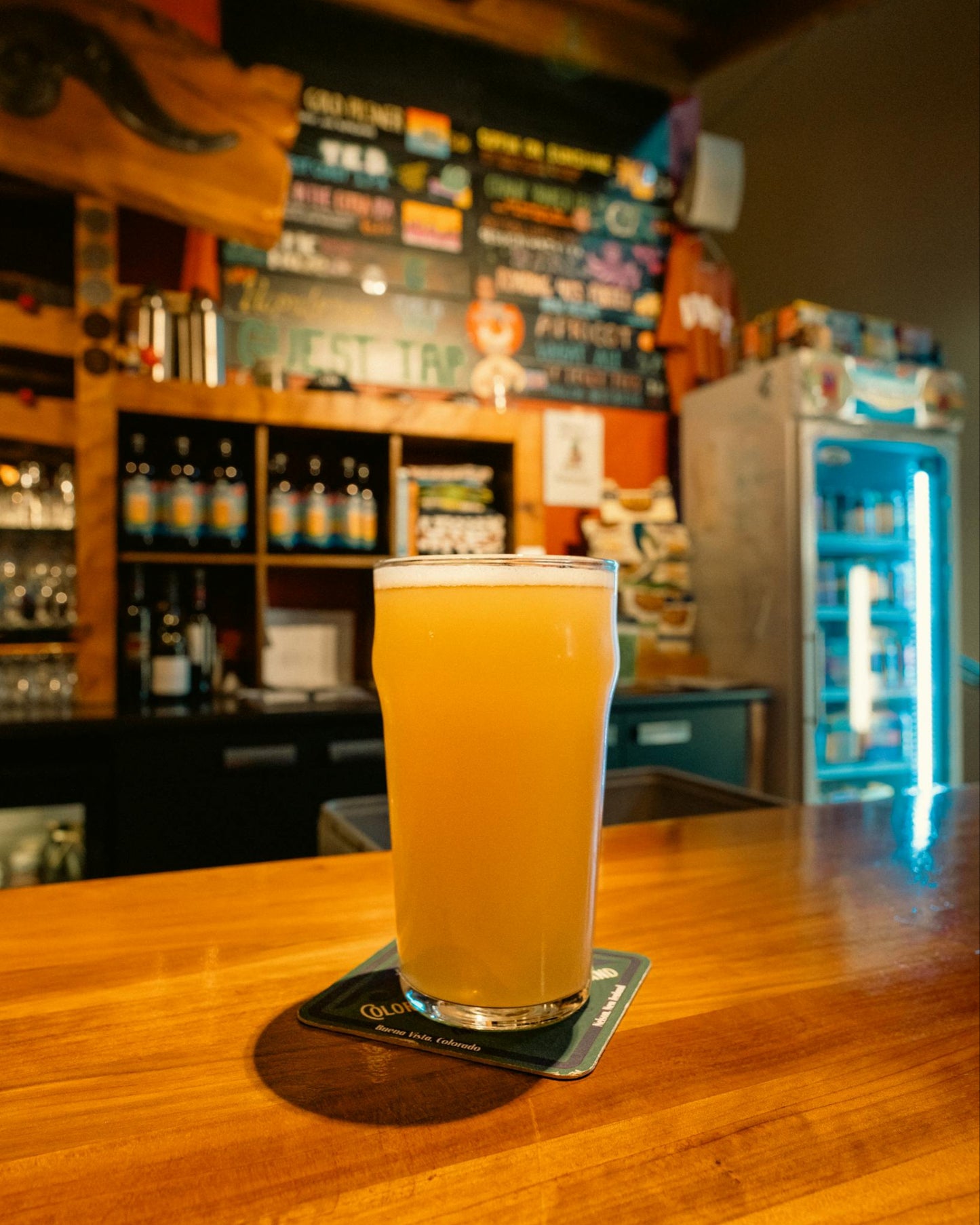 A glass of beer on bar counter.