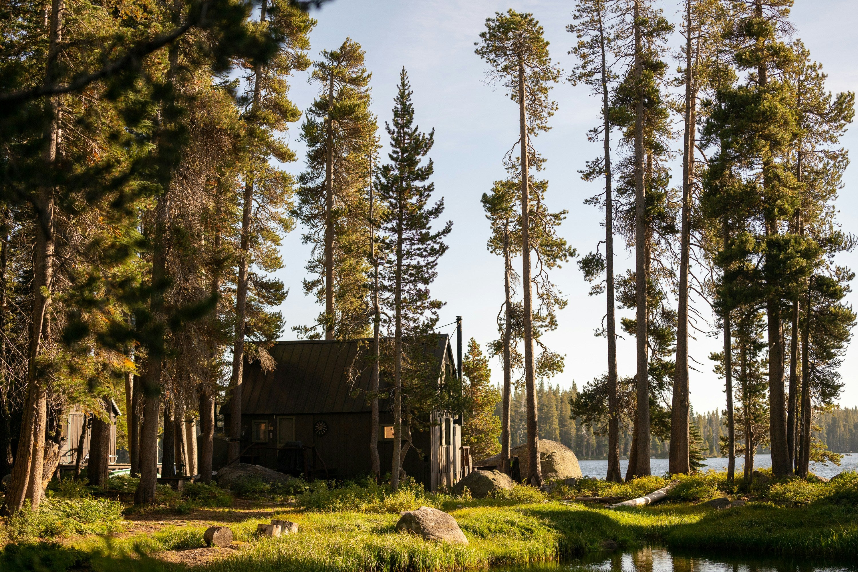 A cabin in El Dorado Forest during sunset.