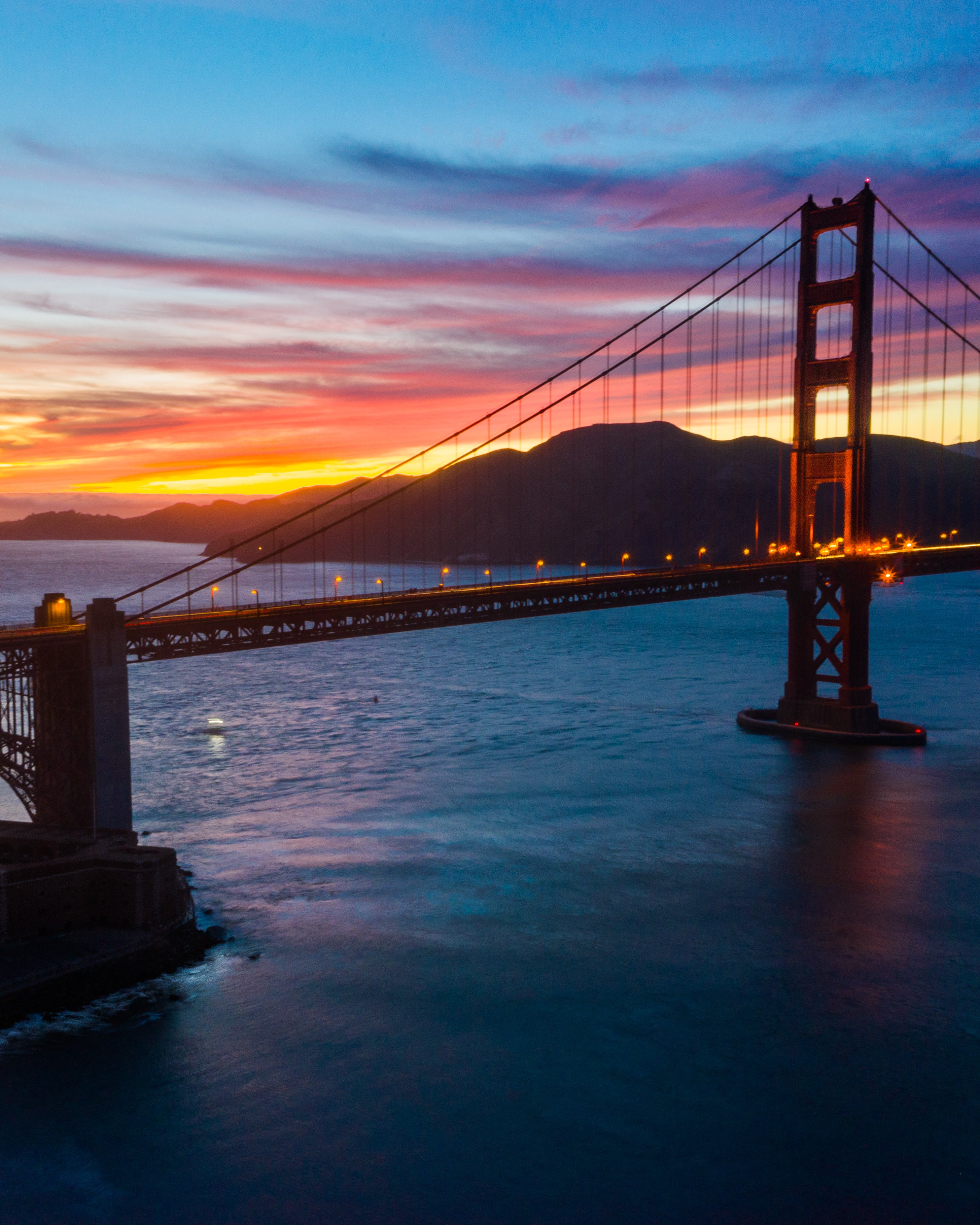 Aerial view of the Golden Gate Bridge at sunset.