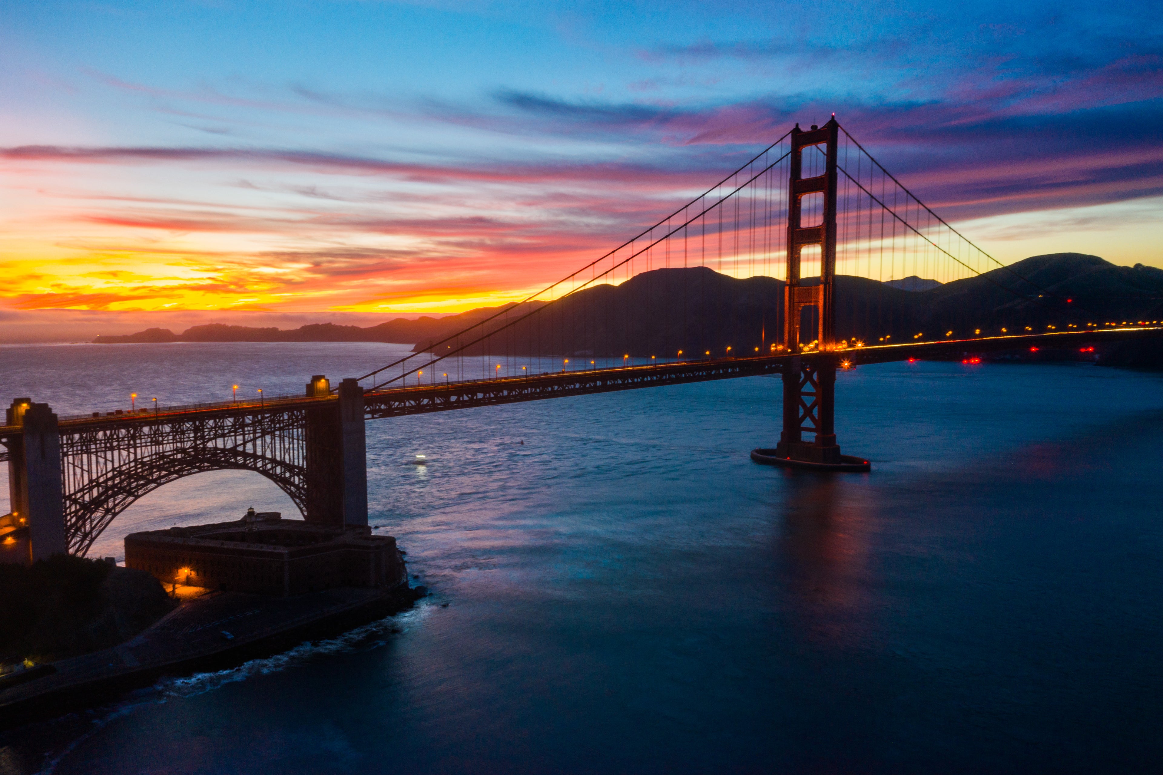 Aerial view of the Golden Gate Bridge at sunset.