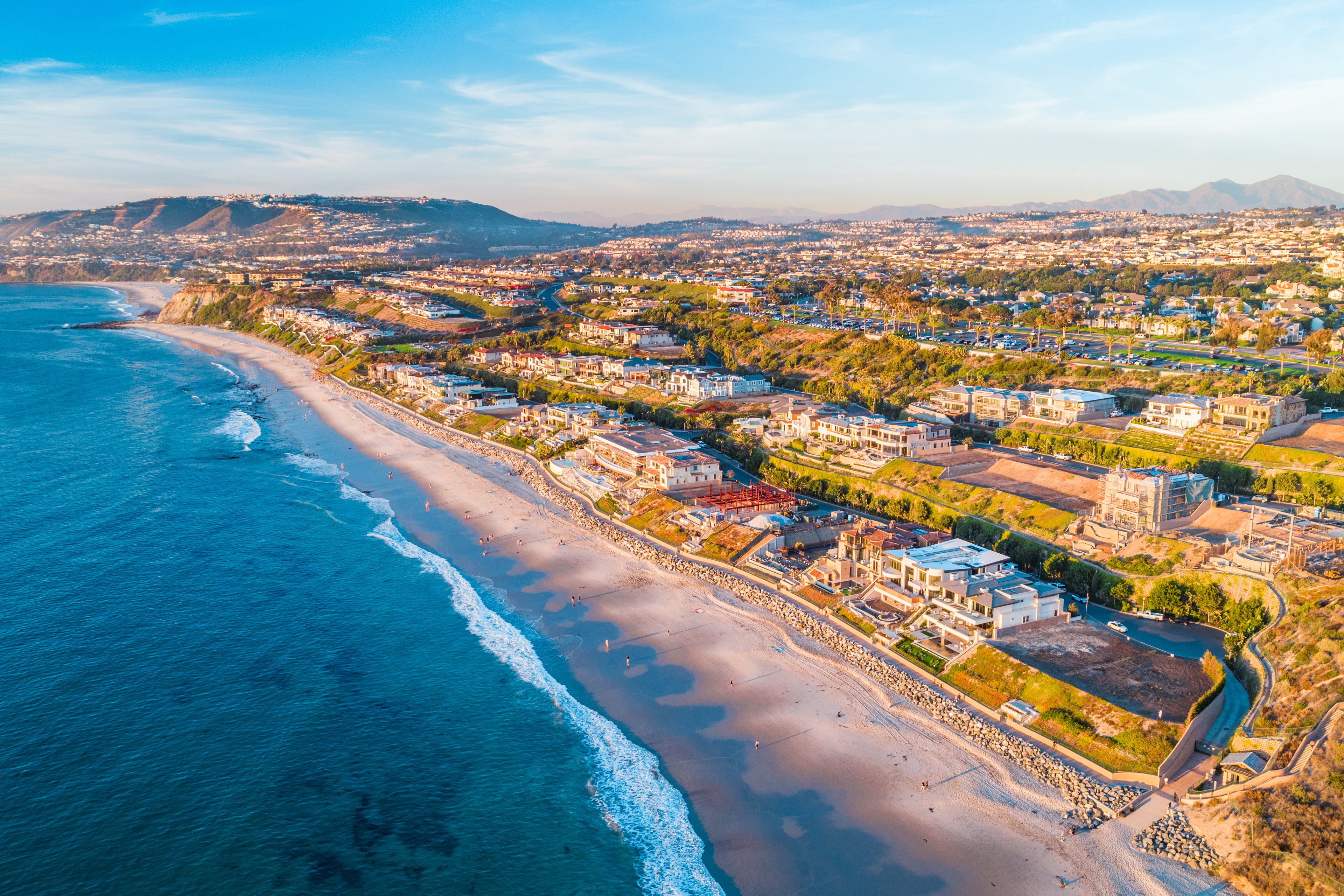 Aerial view of a Southern California beach in Orange County.