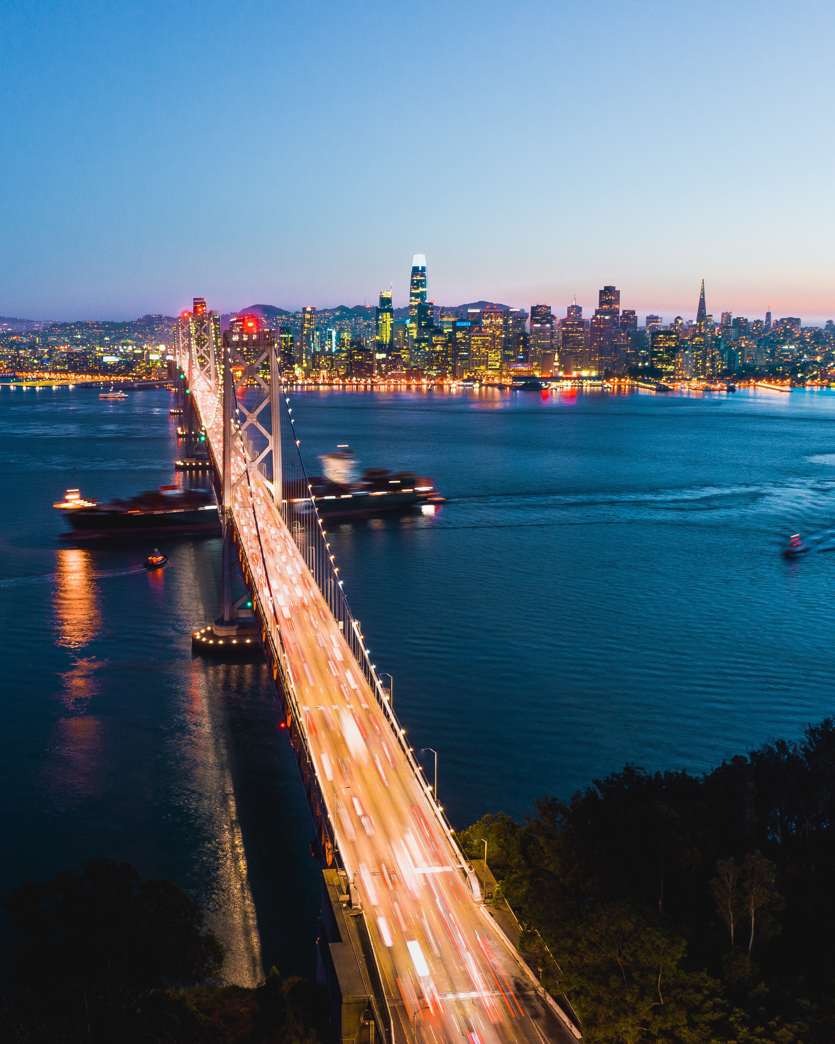 Bay Bridge Aerial Night from Yerba Buena Island.