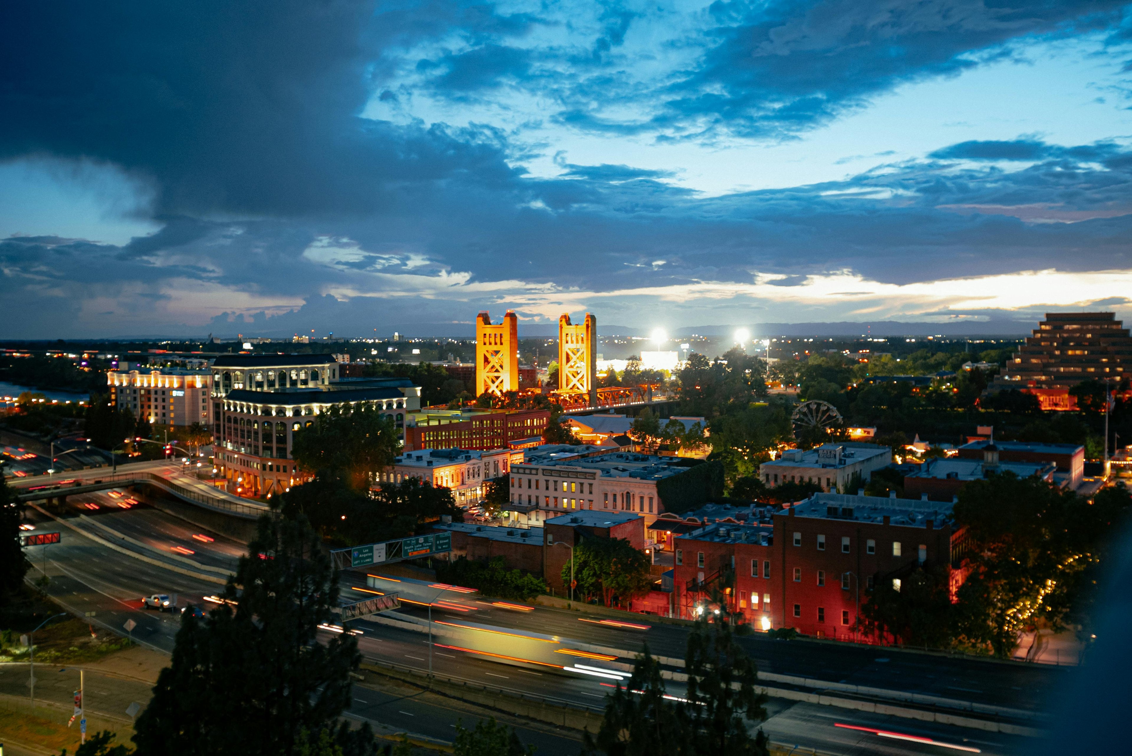 Sacramento skyline at night.