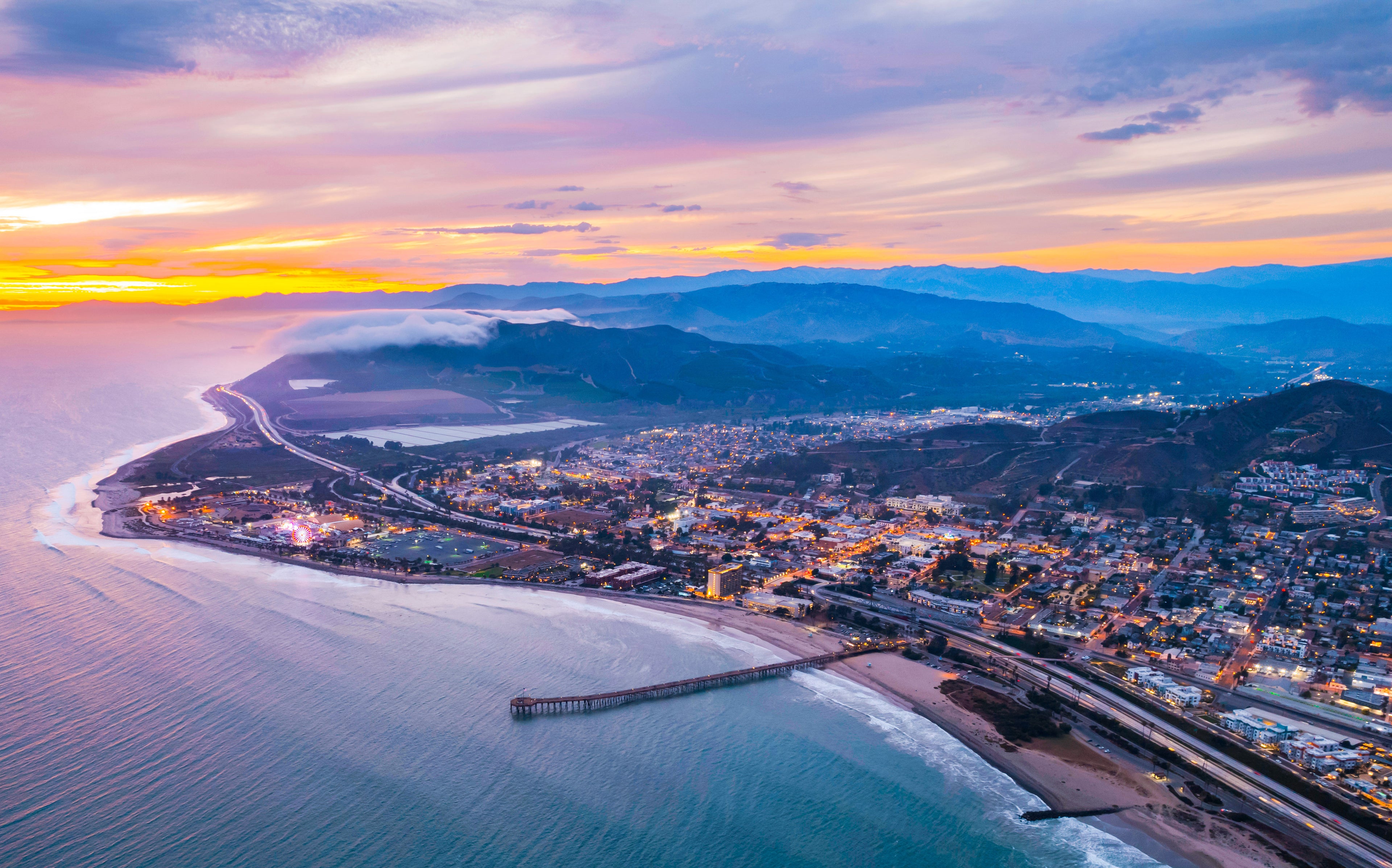 Aerial view of Ventura Marina at sunset.